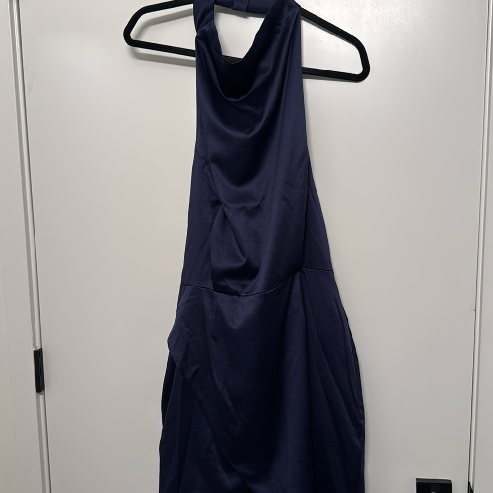 Elliat navy cowl neck asymmetrical satin dress size extra large